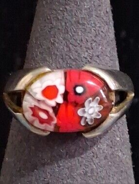 Vintage Alan K Millefiori Murano Glass Sterling Silver Ring Millefiori Sz 8.75